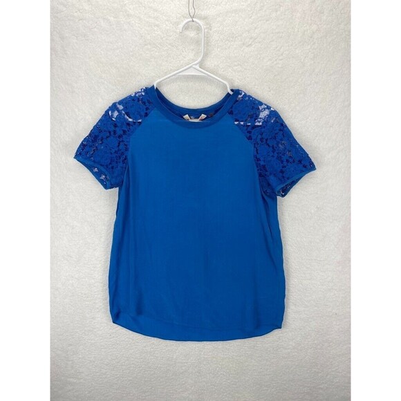 Rebecca Taylor Lace Shoulder Blouse Women’s Size 2 Blue Short Sleeve Casual - Picture 1 of 9